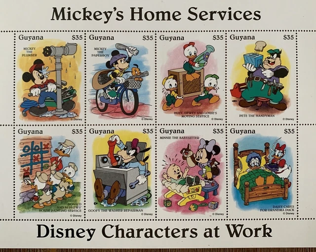 Briefmarken Guayana, Mickeys Home Services, Disney Charakters at Work, 8 Marken