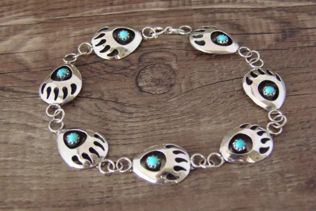 Navajo Indian Sterling Silver Turquoise Bear Paw Link Bracelet by Parker