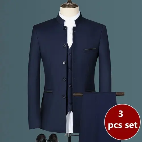 Men's Stand Up Collar Chinese Style 3Pcs Suit Set Slim Blazers Jacket Pants Vest