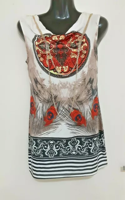 Size 10 Women's Multi Colored Sleeveless Multi Print Waterfall Neckline Top