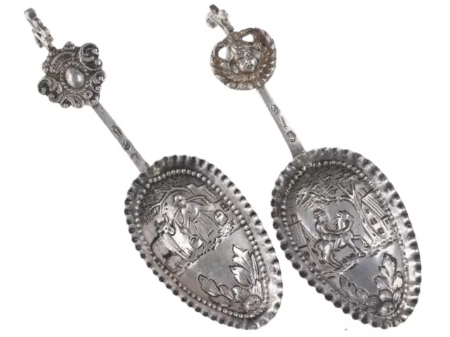 2 Antique Dutch Repousse silver tea caddy spoons