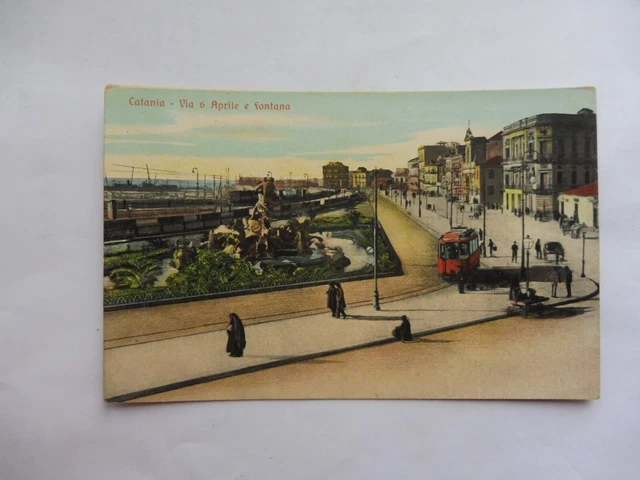 Cartolina Catania Via 6 Aprile E Fontana Non Viaggiata Solo Scritta Tram Animata