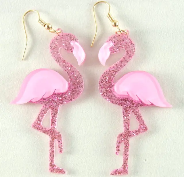 Cute! 2.5" NWOT GLITTER PINK FLAMINGO BIRD LAYERED ACRYLIC DROP DANGLE EARRINGS