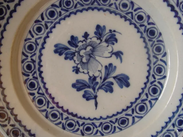 18th C Large Dutch Tin Glazed Charger Plate Blue and White Delft Floral 13 1/2"