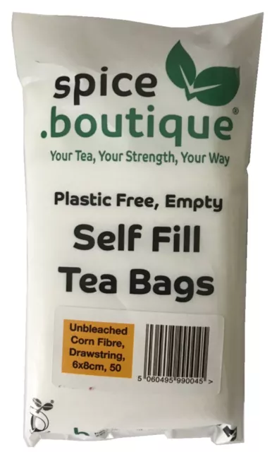 spice.boutique Unbleached CORN FIBRE Self Fill Teabags, PLASTIC FREE, Drawstring