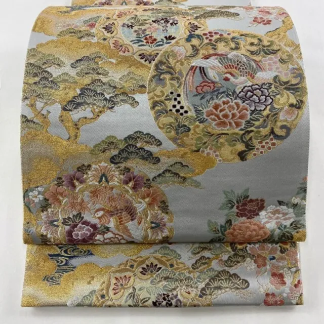 Woman Japanese Kimono Fukuroobi Silk Flower Bird Pine Gold Thread Foil Gray
