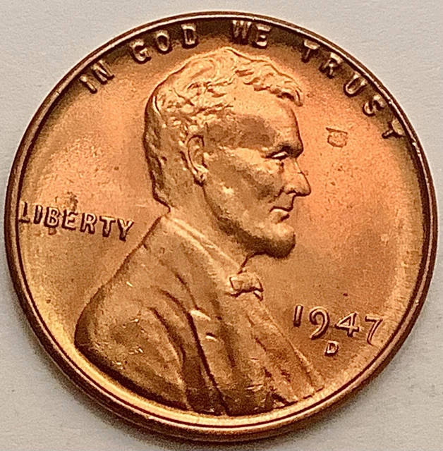 1947 D  Uncirculated BU Red RD - Lincoln Wheat Cent Penny ~ Free Ship. A296s1