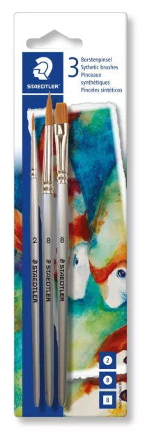 Ensemble de 3 brosses Staedtler avec rond #2, rond #8, plat #8/artiste/acrylique/gouache