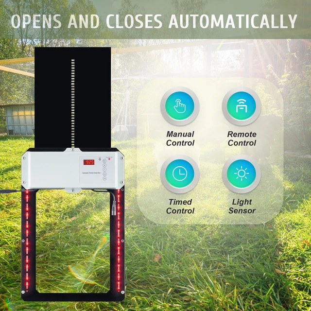 AUTOMATIC CHICKEN COOP Door w Timer Sensor Green Red Lights and Remote