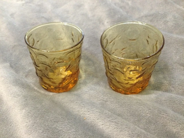 Vtg. Anchor Hocking Set of 2 Amber Lido Milano Crinkle Juice Glasses 3 1/2" Tall