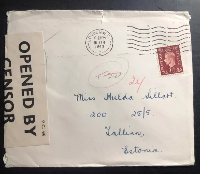 1940 London England Censored Postage Due  Cover To Tallinn Estonia 2