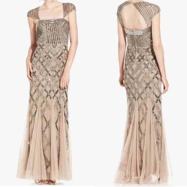 Adrianna Papell Nude Champagne Cap Sleeve Beaded Godet Gown 10 NEW