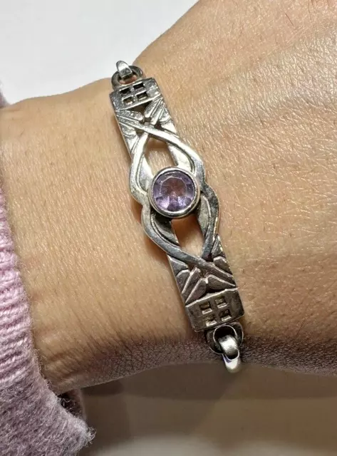 Vintage Celtic Design Sterling Silver 925 Hook Carved Amethyst Bangle Bracelet