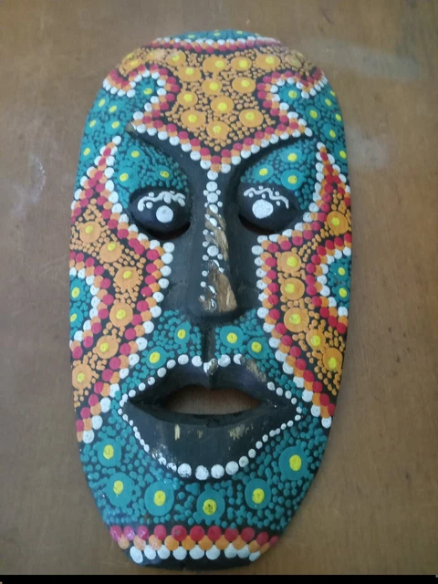 Mask Decor Tiki  Polka Dot African Wood Aboriginal Hand Carved Painted Art Wall