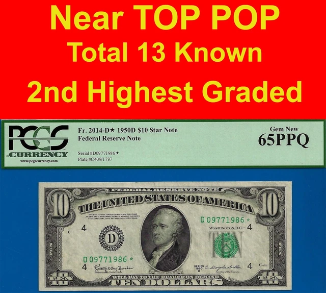 Near TOP POP✅ 1950-D $10 FRN ➡️ 2nd Finest 🔴 Cleveland STAR⬅️ PCGS 65PPQ #1986