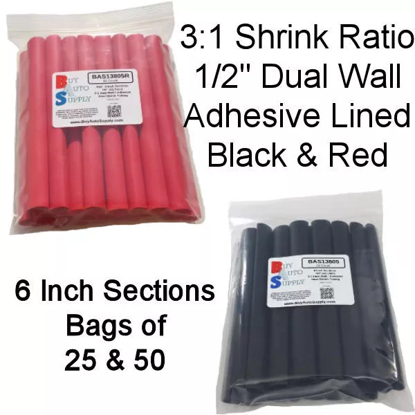 1/2" 3:1 Adhesive Lined Dual Wall Heat Shrink Tubing Black & Red - 6" Sections