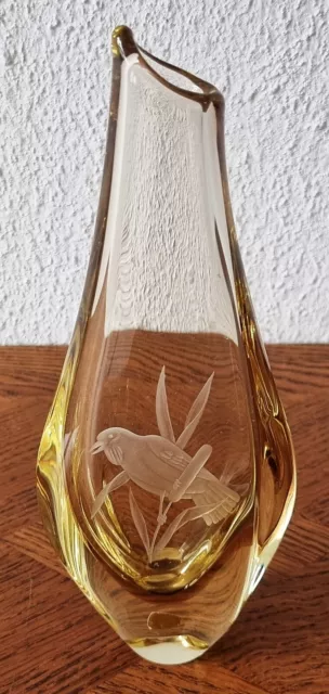 Tolle ausgefallene LBS Bohemia Vase - Gelbes Glas mit Vogelschliff 50er Design