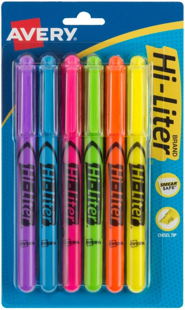 Paquete de 6 resaltadores estilo pluma de alto litro Avery 6/paquete surtidos colores 23585