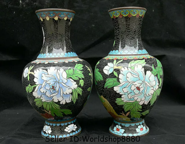 10" Old Chinese Black Cloisonne Enamel Copper Dynasty Flower Bottle Vase Pair