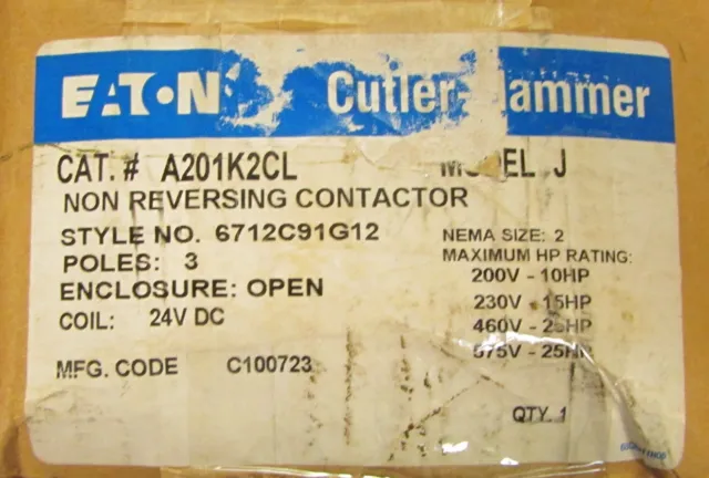 EATON CUTLER HAMMER A201K2CL 3 Pole A200 Size 2 45 Amp 24 VDC Coil
