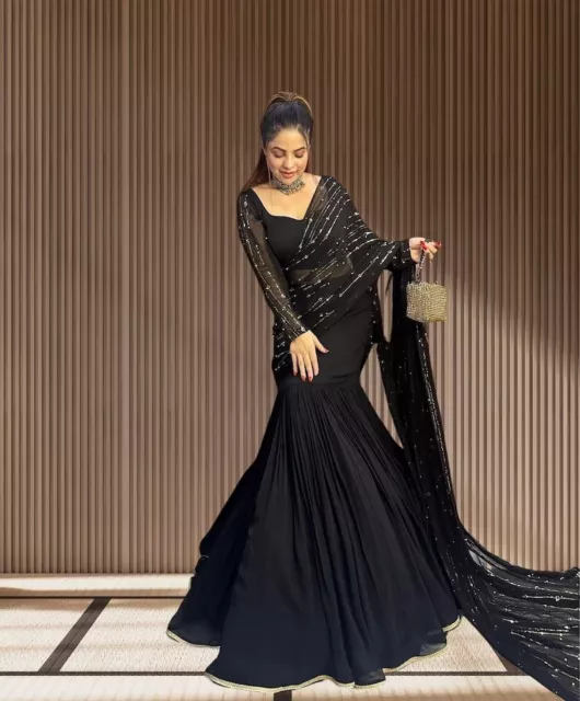 Black Designer Fox Georgette Ready to wear Lehenga saree Bollywood PartyWear RTC 3