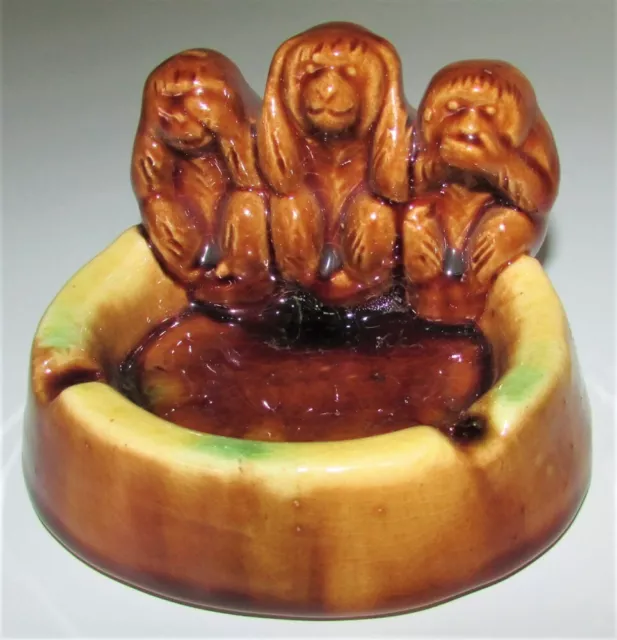 Australian Pottery 3 Wise Monkeys Figure Cigarette Dish Brown Treacle Glaze