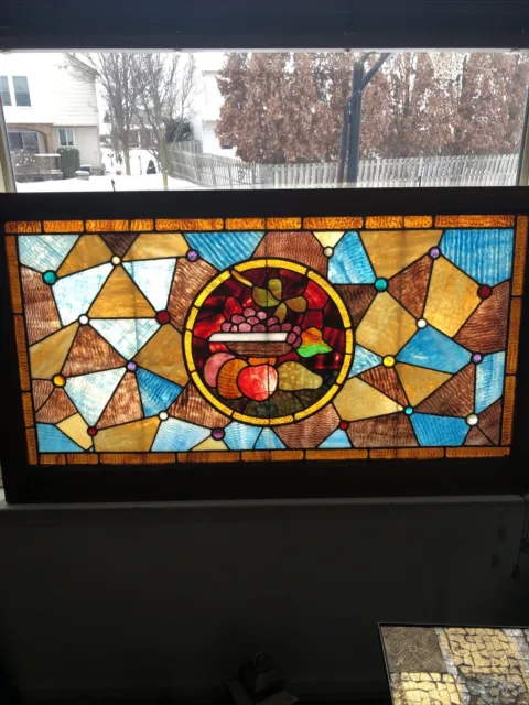 Antique Victorian Large STAINED Leaded GLASS  TRANSOM Window w/ JEWELS 44” X 25”