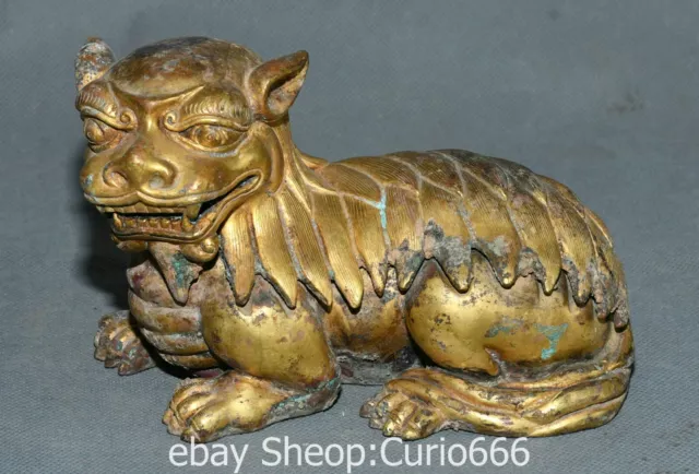 6.2'' Unique Old Chinese Bronze Ware Gold Dynasty Foo Fu Dog Lion Animal Statue