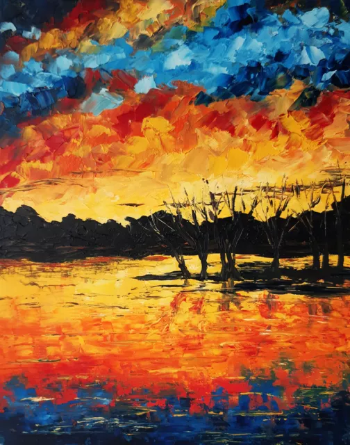 Michigan Sunset Painting Lake Original Art Impasto Painting 12 by 9 Landscape.