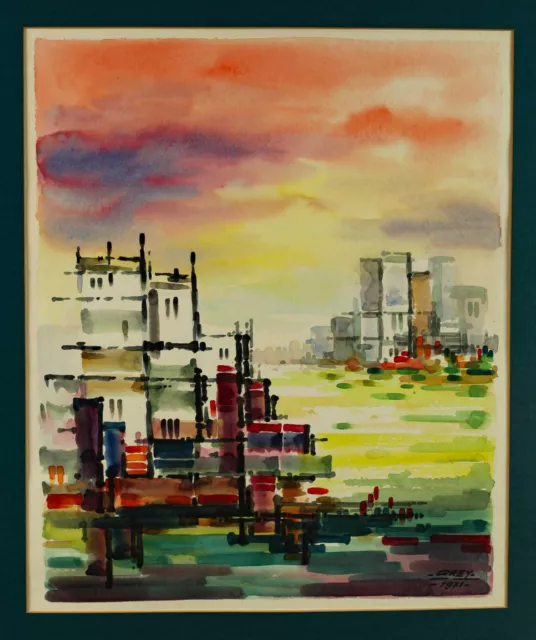 Grey G. Rey Acuarela De 1971 Vista de la Ciudad Abstracto Arquitectura 70x60cm
