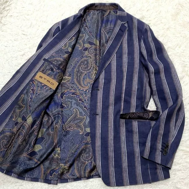 Hardly Used Etro Men Size 54 Linen Striped Jacket Silk Paisley Blue Italy Made