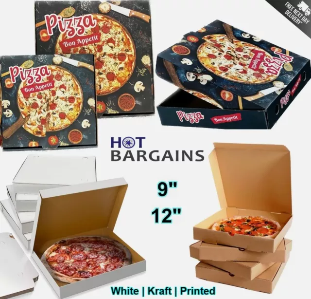 Pizza Boxes 9 / 12 inch Flat Cardboard Pizza Boxes Kraft, White, Black Takeaway