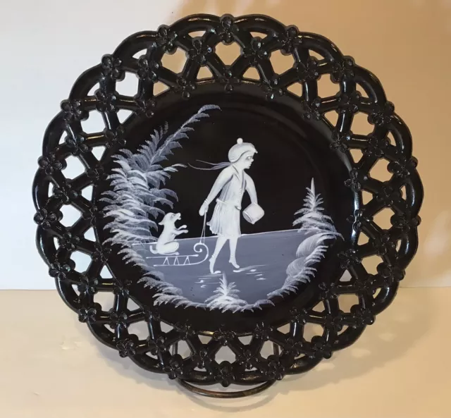 Vintage Westmoreland Black Glass Handpainted Mary Gregory Lace Edge Plate 70’s