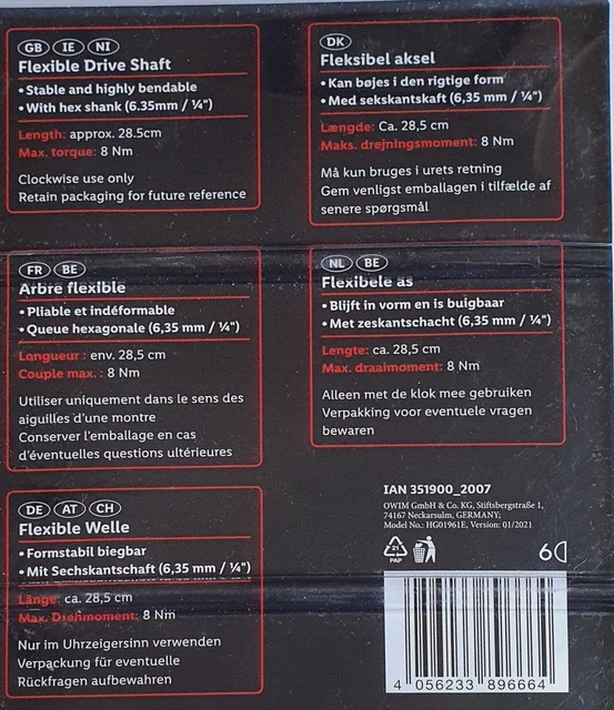 FLEXIBLE DRIVE SHAFT. Parkside. Max Torque 8NM. Length 28.5cm 6.20