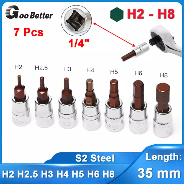 7 Pcs Hex Allen Key Bit Socket Screwdriver Set 1/4" Drive S2 Steel Bits H2 - H8