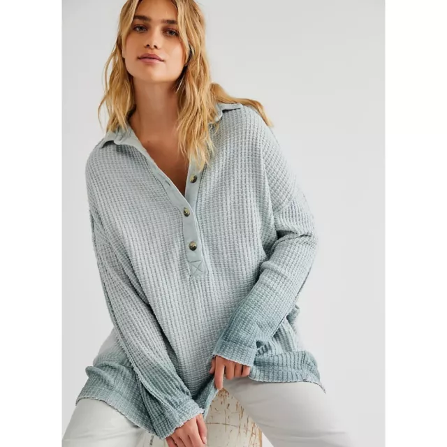 Free People Wilder Oversized Waffle Ombre Polo Blue Smoke NWOT Sz M