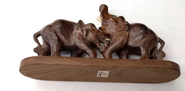 Hand Carved Wooden Elephant Fighting Figurine Sculpture India