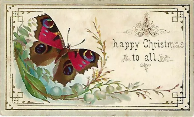 Antique Christmas New Year Card Butterfly Lily of the Valley Flowers Moth Floral