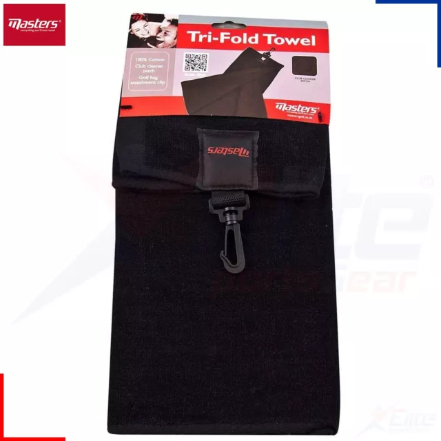 Masters Tri-Fold Golf Towel With Bag Clip And Club Scrub Patch Cleaner - Black