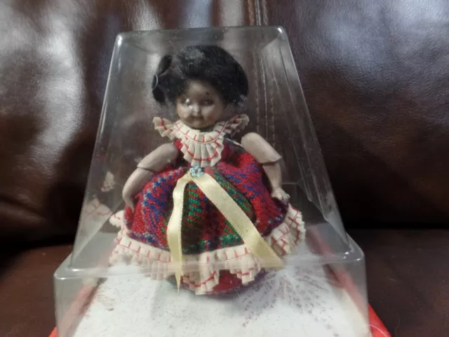 Vintage half doll pin cushion dark skin in case needs arms restrung