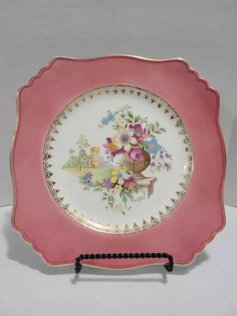 Vtg 1934 Royal Winton 8.75" Square Plate Pink Floral Urn Gazebo Made in England