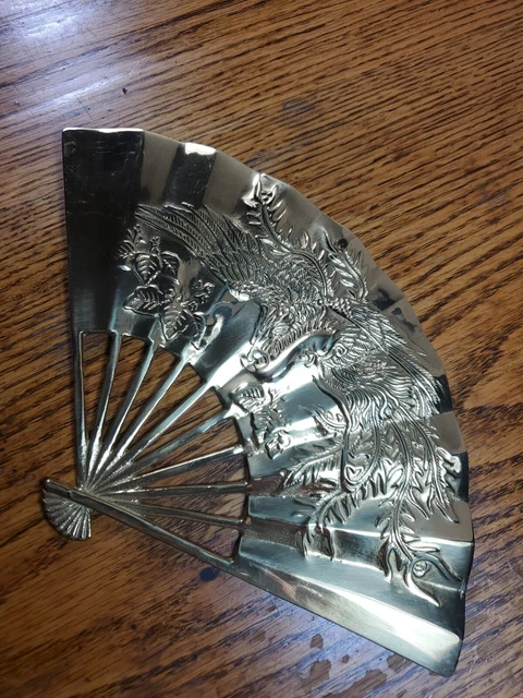 Vintage Solid Brass Oriental Style Hand Fan Raised Phoenix Dragon Wall Decor
