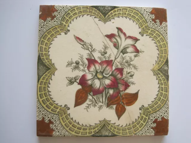 ANTIQUE VICTORIAN PRINT & TINT FLORAL TILE - c1900 - BOOTHS PATTERN No. 2656