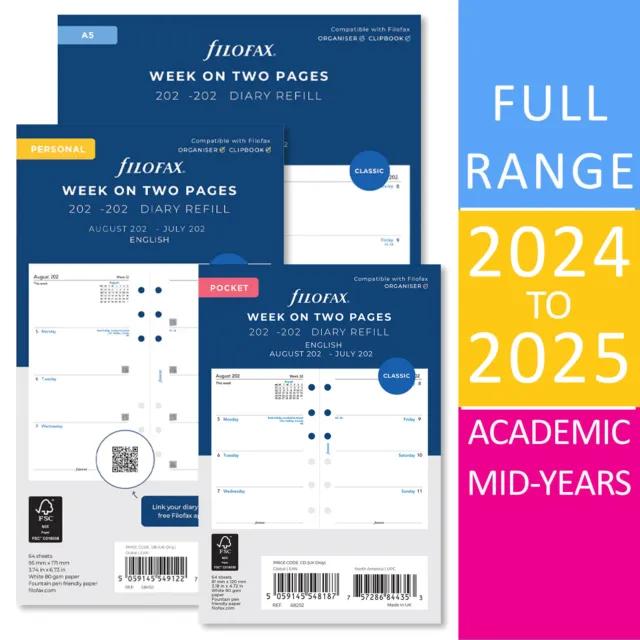 Filofax Mid Year Academic 2024 -2025 Week on Two Pages Diary Refills -Full Range