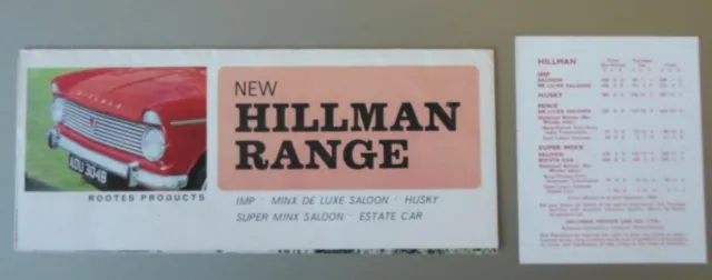 HILLMAN RANGE orig c1964 UK Mkt Sales Brochure + Price List - Imp Minx Husky
