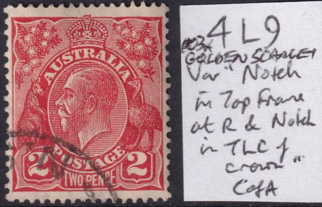 Australia, KGV, 1931, 2d Red, Die 3, CofA Wmk, Minor Variety 4L9 Used.