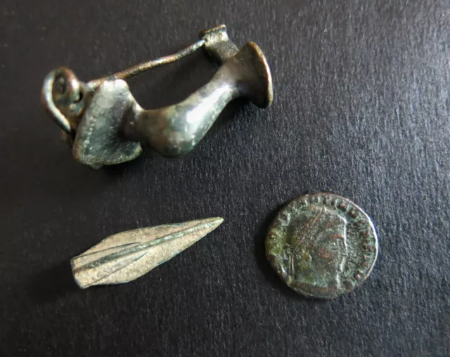 Ancient Roman Bronze Fibula +  Arrow head + Roman Coin