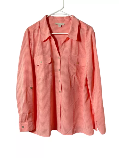 Studio Works Womens long roll tab sleeve pink button up blouse, size Extra Large