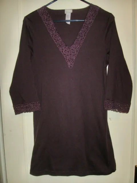 HANRO Of SWITZERLAND Women's Nightgown Sumac Red Cotton 3/4 Sleeve Lace Size Sm