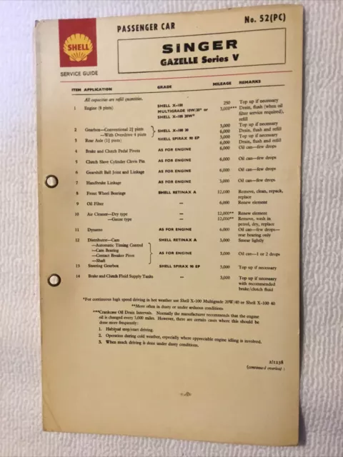 SHELL OIL LUBRICATION CHART SINGER GAZELLE Series V - NO 52 (PC) - ORIGINAL